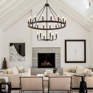 English Elm 40'' Two-tier Wagon Wheel Chandelier 22-light Matte Black Farmhouse Foyer Fixture W5008P511201