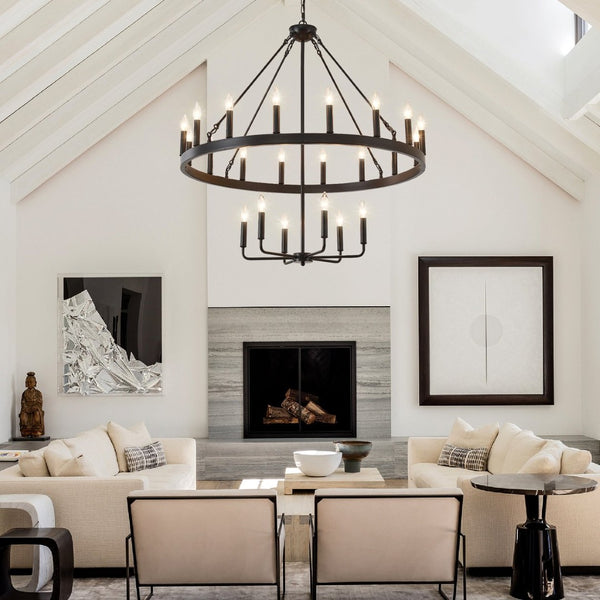 English Elm 40'' Two-tier Wagon Wheel Chandelier 22-light Matte Black Farmhouse Foyer Fixture W5008P511201