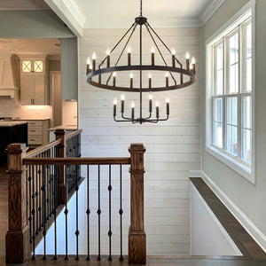 English Elm 40'' Two-tier Wagon Wheel Chandelier 22-light Matte Black Farmhouse Foyer Fixture W5008P511201