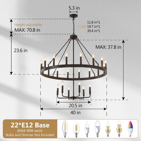 English Elm 40'' Two-tier Wagon Wheel Chandelier 22-light Matte Black Farmhouse Foyer Fixture W5008P511201