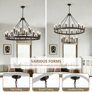 English Elm 40'' Two-tier Wagon Wheel Chandelier 22-light Matte Black Farmhouse Foyer Fixture W5008P511201