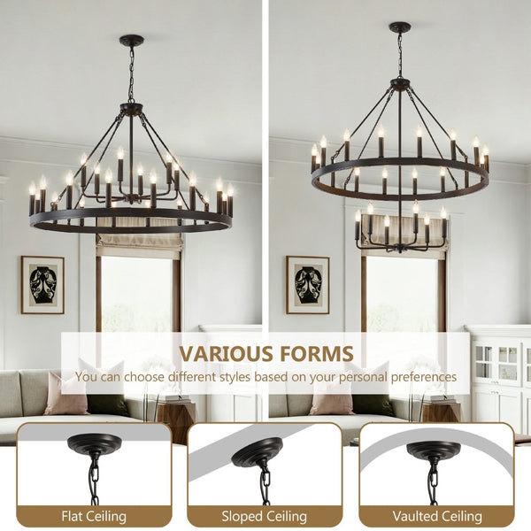 English Elm 40'' Two-tier Wagon Wheel Chandelier 22-light Matte Black Farmhouse Foyer Fixture W5008P511201