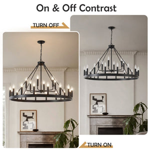 English Elm 40'' Two-tier Wagon Wheel Chandelier 22-light Matte Black Farmhouse Foyer Fixture W5008P511201