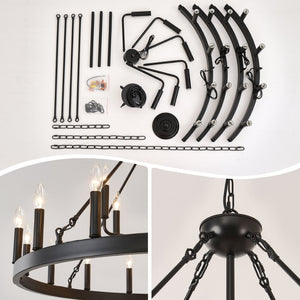 English Elm 40'' Two-tier Wagon Wheel Chandelier 22-light Matte Black Farmhouse Foyer Fixture W5008P511201