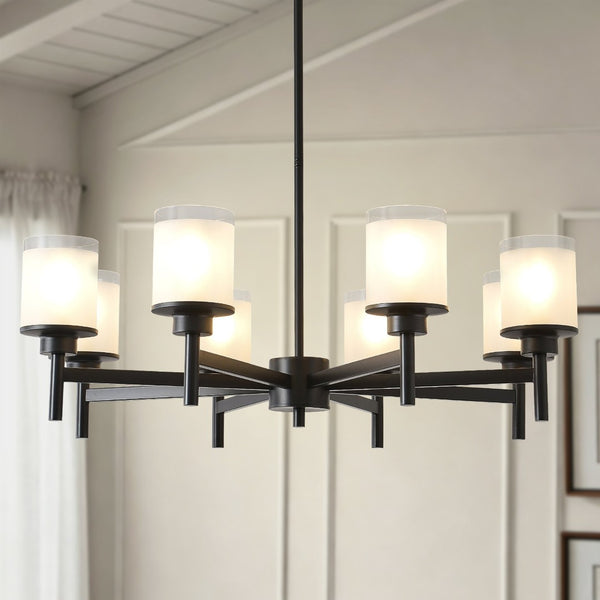 English Elm 8-light Farmhouse Chandelier Matte Black Frame Frosted Glass Shades for High Ceilings W5008P511252
