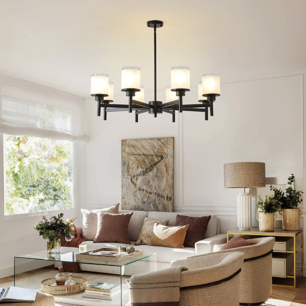 English Elm 8-light Farmhouse Chandelier Matte Black Frame Frosted Glass Shades for High Ceilings W5008P511252