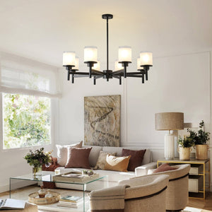 English Elm 8-light Farmhouse Chandelier Matte Black Frame Frosted Glass Shades for High Ceilings W5008P511252
