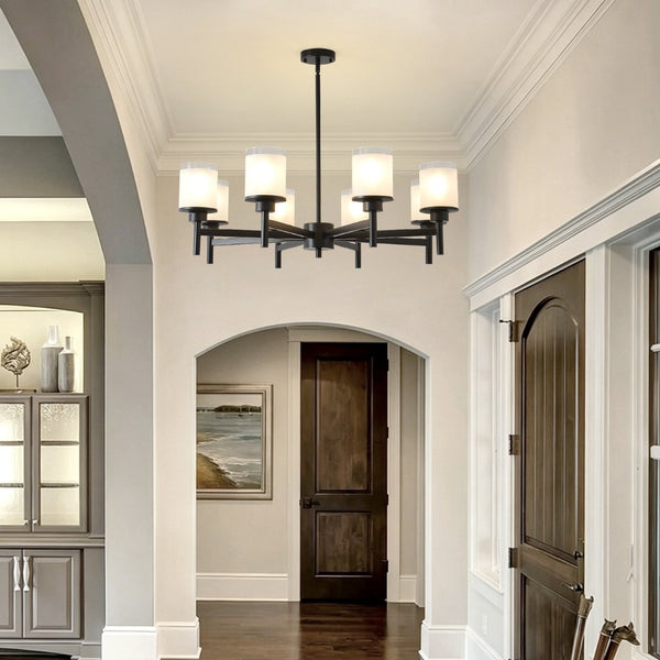 English Elm 8-light Farmhouse Chandelier Matte Black Frame Frosted Glass Shades for High Ceilings W5008P511252