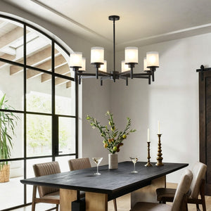 English Elm 8-light Farmhouse Chandelier Matte Black Frame Frosted Glass Shades for High Ceilings W5008P511252