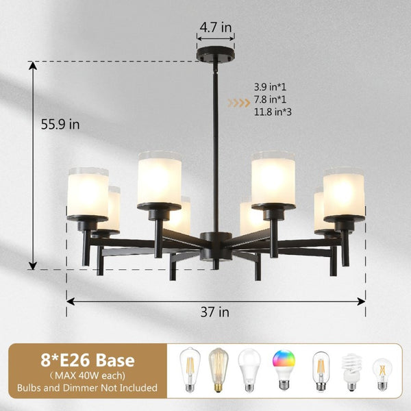English Elm 8-light Farmhouse Chandelier Matte Black Frame Frosted Glass Shades for High Ceilings W5008P511252