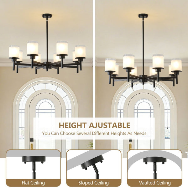 English Elm 8-light Farmhouse Chandelier Matte Black Frame Frosted Glass Shades for High Ceilings W5008P511252