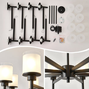 English Elm 8-light Farmhouse Chandelier Matte Black Frame Frosted Glass Shades for High Ceilings W5008P511252