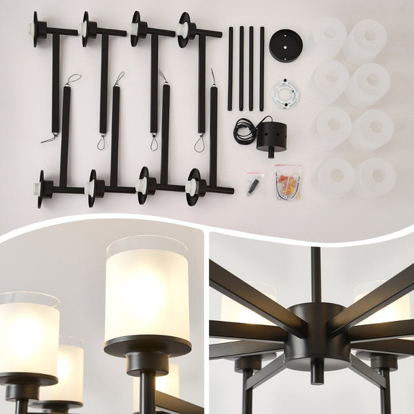 English Elm 8-light Farmhouse Chandelier Matte Black Frame Frosted Glass Shades for High Ceilings W5008P511252