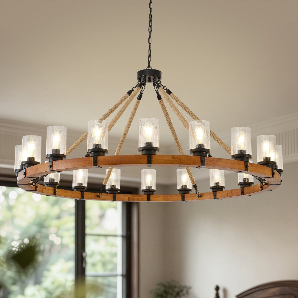 English Elm 18-light Wagon Wheel Chandelier Solid Wood Frame Seeded Glass Farmhouse Dining Room W5008P511278