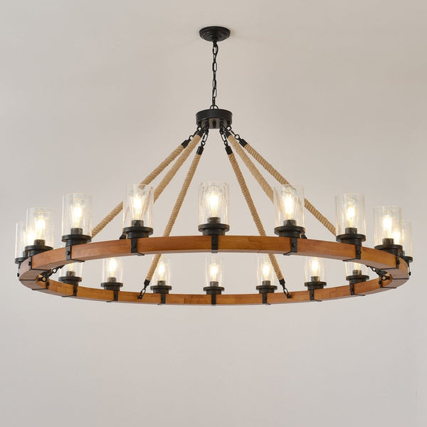 English Elm 18-light Wagon Wheel Chandelier Solid Wood Frame Seeded Glass Farmhouse Dining Room W5008P511278