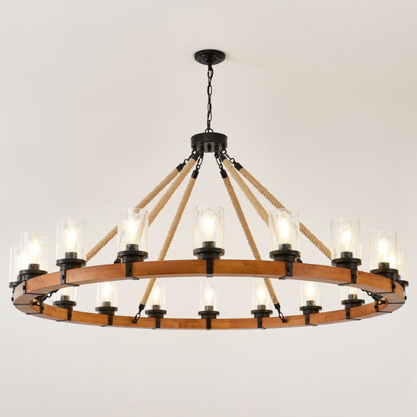 English Elm 18-light Wagon Wheel Chandelier Solid Wood Frame Seeded Glass Farmhouse Dining Room W5008P511278