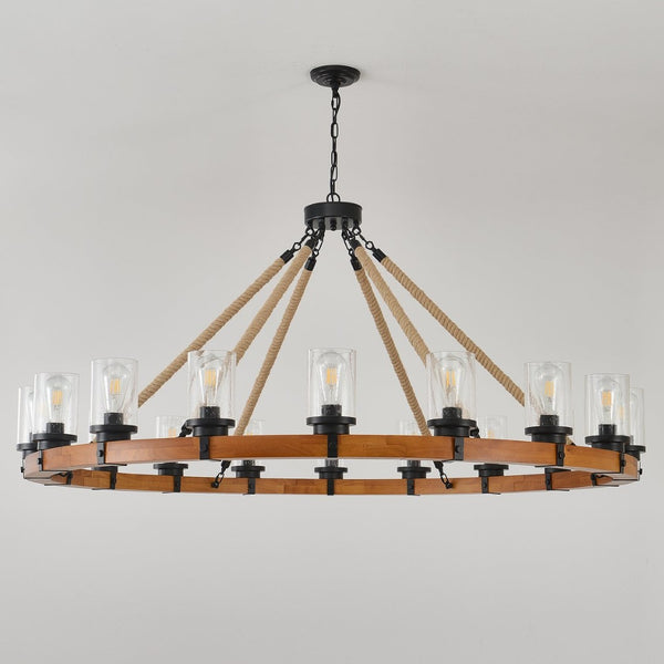 English Elm 18-light Wagon Wheel Chandelier Solid Wood Frame Seeded Glass Farmhouse Dining Room W5008P511278