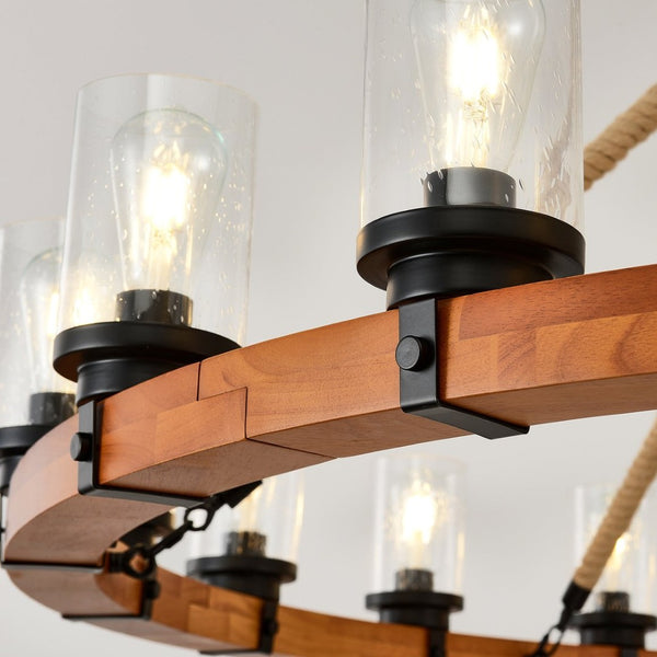 English Elm 18-light Wagon Wheel Chandelier Solid Wood Frame Seeded Glass Farmhouse Dining Room W5008P511278