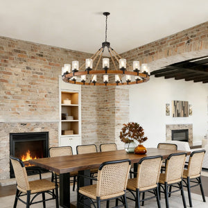 English Elm 18-light Wagon Wheel Chandelier Solid Wood Frame Seeded Glass Farmhouse Dining Room W5008P511278