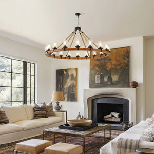 English Elm 18-light Wagon Wheel Chandelier Solid Wood Frame Seeded Glass Farmhouse Dining Room W5008P511278