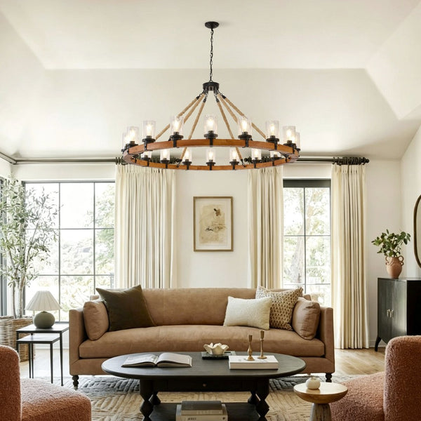 English Elm 18-light Wagon Wheel Chandelier Solid Wood Frame Seeded Glass Farmhouse Dining Room W5008P511278