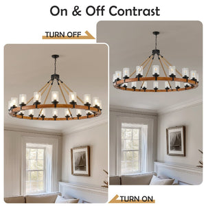 English Elm 18-light Wagon Wheel Chandelier Solid Wood Frame Seeded Glass Farmhouse Dining Room W5008P511278