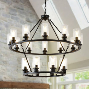 English Elm 20-light Two Tier Wagon Wheel Chandelier Seeded Glass Farmhouse Dining Room Fixture W5008P511624