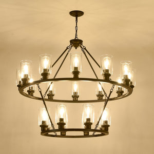 English Elm 20-light Two Tier Wagon Wheel Chandelier Seeded Glass Farmhouse Dining Room Fixture W5008P511624
