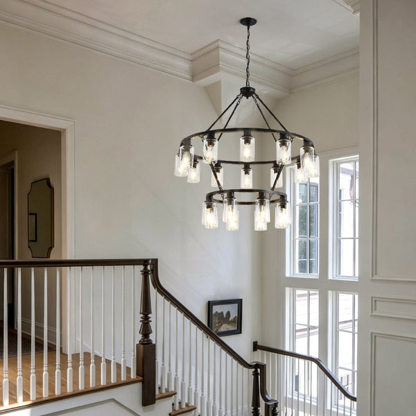 English Elm 20-light Two Tier Wagon Wheel Chandelier Seeded Glass Farmhouse Dining Room Fixture W5008P511624