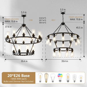 English Elm 20-light Two Tier Wagon Wheel Chandelier Seeded Glass Farmhouse Dining Room Fixture W5008P511624