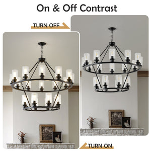 English Elm 20-light Two Tier Wagon Wheel Chandelier Seeded Glass Farmhouse Dining Room Fixture W5008P511624