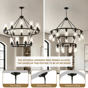 English Elm 20-light Two Tier Wagon Wheel Chandelier Seeded Glass Farmhouse Dining Room Fixture W5008P511624