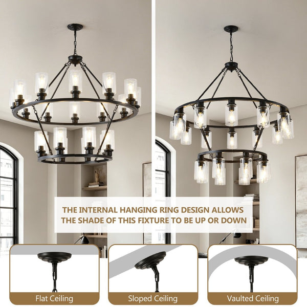English Elm 20-light Two Tier Wagon Wheel Chandelier Seeded Glass Farmhouse Dining Room Fixture W5008P511624