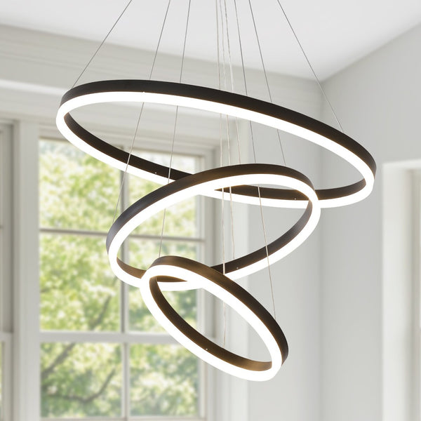 English Elm Modern Matte Black Triple Ring Led Chandelier Dimmable with Remote for Dining Rooms W5008P511703