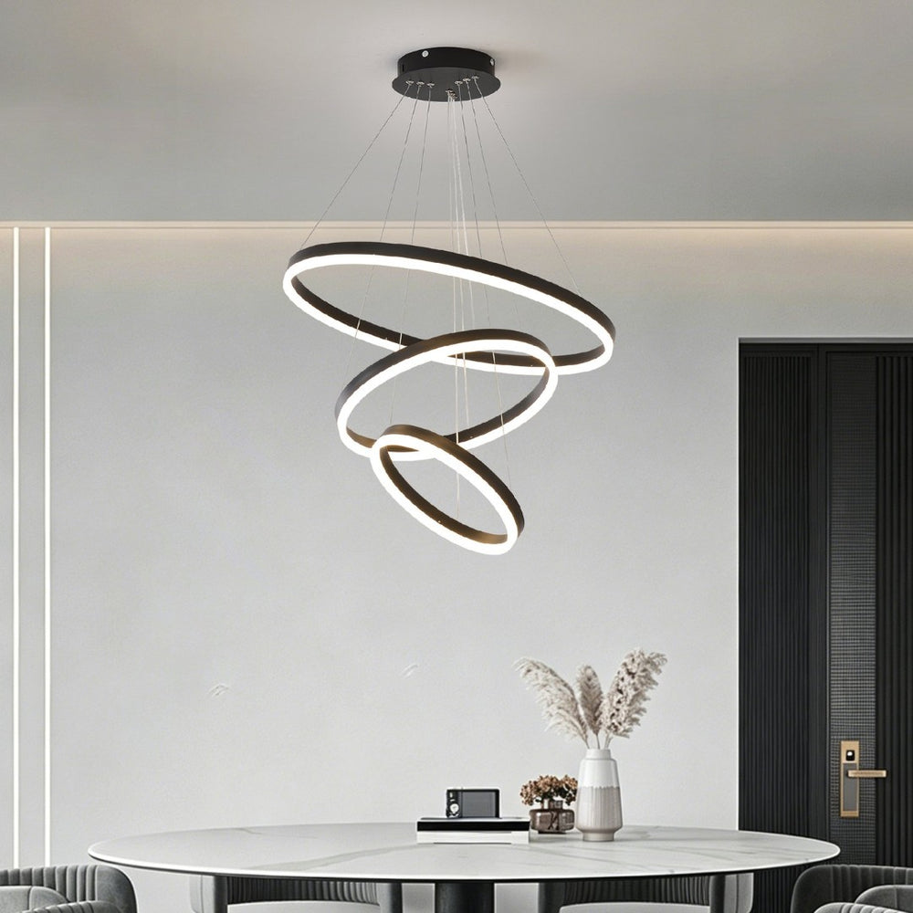 English Elm Modern Matte Black Triple Ring Led Chandelier Dimmable with Remote for Dining Rooms W5008P511703