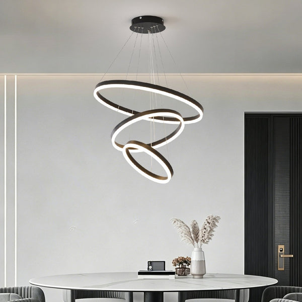 English Elm Modern Matte Black Triple Ring Led Chandelier Dimmable with Remote for Dining Rooms W5008P511703