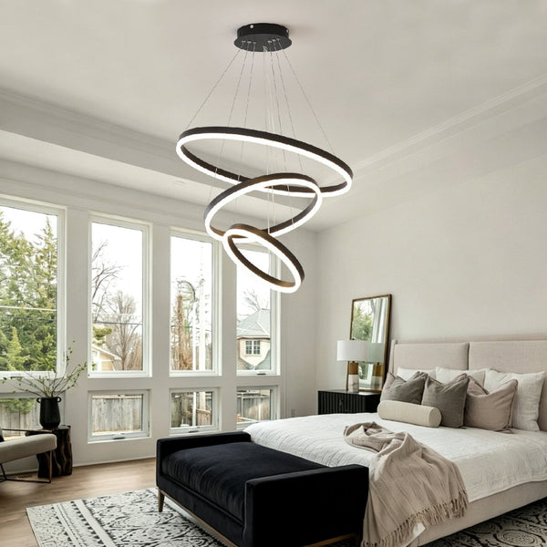 English Elm Modern Matte Black Triple Ring Led Chandelier Dimmable with Remote for Dining Rooms W5008P511703