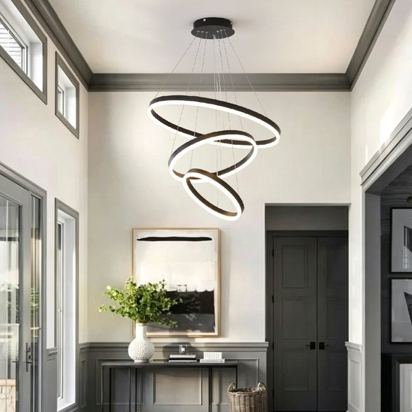 English Elm Modern Matte Black Triple Ring Led Chandelier Dimmable with Remote for Dining Rooms W5008P511703