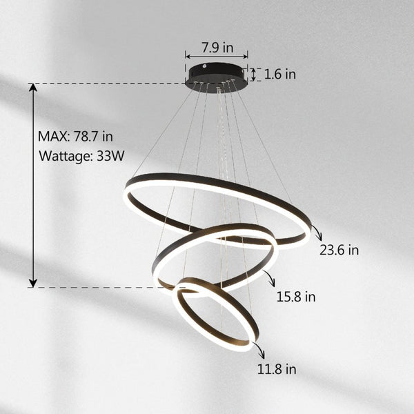English Elm Modern Matte Black Triple Ring Led Chandelier Dimmable with Remote for Dining Rooms W5008P511703
