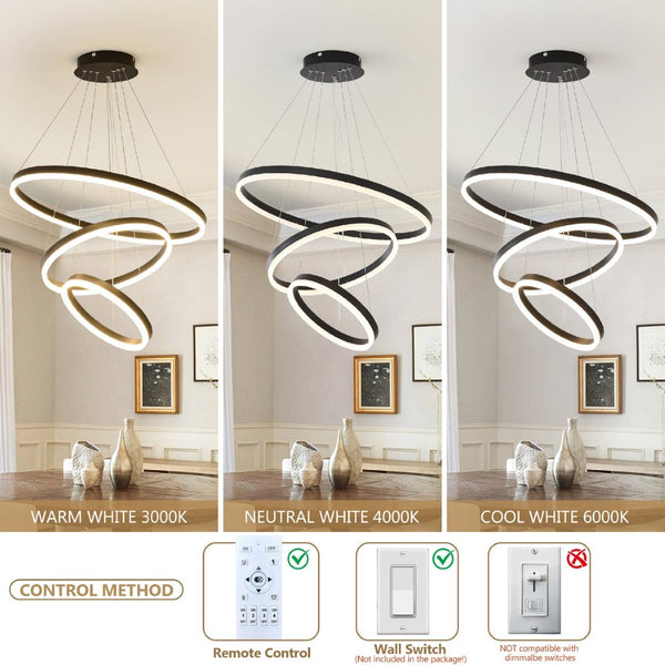 English Elm Modern Matte Black Triple Ring Led Chandelier Dimmable with Remote for Dining Rooms W5008P511703