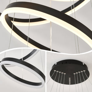 English Elm Modern Matte Black Triple Ring Led Chandelier Dimmable with Remote for Dining Rooms W5008P511703