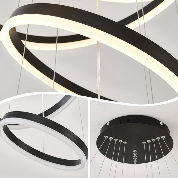 English Elm Modern Matte Black Triple Ring Led Chandelier Dimmable with Remote for Dining Rooms W5008P511703