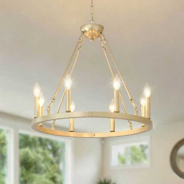 English Elm 23.62 Inch Brushed Gold Wagon Wheel Chandelier Farmhouse 8-Light Dining Room Fixture W5008P543811