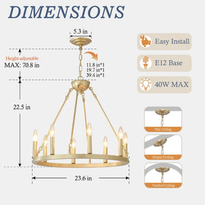 English Elm 23.62 Inch Brushed Gold Wagon Wheel Chandelier Farmhouse 8-Light Dining Room Fixture W5008P543811