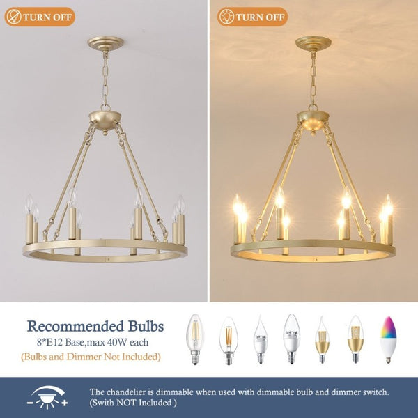 English Elm 23.62 Inch Brushed Gold Wagon Wheel Chandelier Farmhouse 8-Light Dining Room Fixture W5008P543811