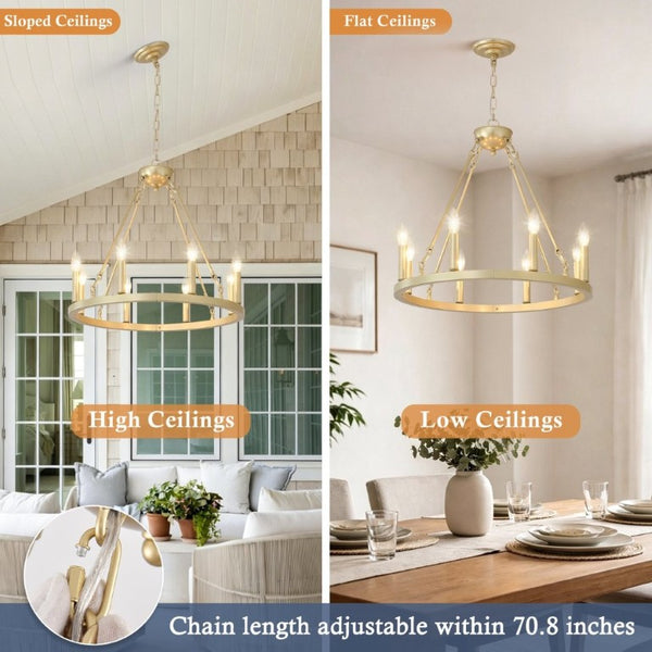 English Elm 23.62 Inch Brushed Gold Wagon Wheel Chandelier Farmhouse 8-Light Dining Room Fixture W5008P543811