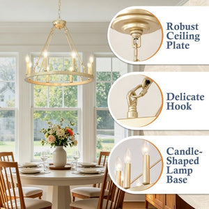 English Elm 23.62 Inch Brushed Gold Wagon Wheel Chandelier Farmhouse 8-Light Dining Room Fixture W5008P543811