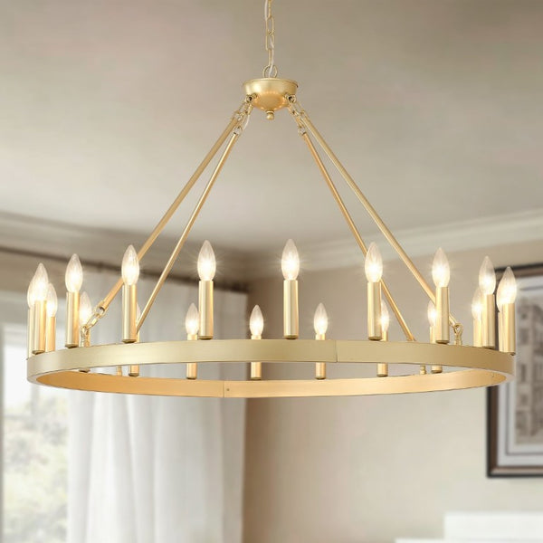 English Elm 39.4Inch Wagon Wheel Chandelier 20 Light Gold Farmhouse Fixture for High Ceiling Rooms W5008P543824