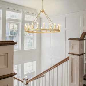English Elm 39.4Inch Wagon Wheel Chandelier 20 Light Gold Farmhouse Fixture for High Ceiling Rooms W5008P543824