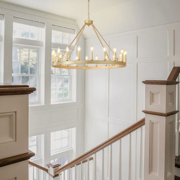 English Elm 39.4Inch Wagon Wheel Chandelier 20 Light Gold Farmhouse Fixture for High Ceiling Rooms W5008P543824